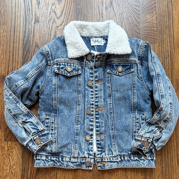 Lola + The Boys Kids Denim Sherpa Collar Jacketwirh Embroidered Snake